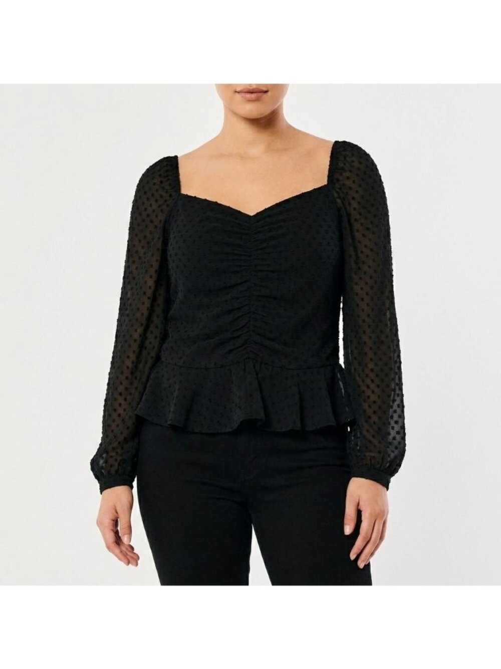 Renvy Black Sheer Long Sleeve Peplum Top Swiss Dot Women Size XS Sweetheart Neck